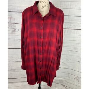 Ava & Viv Button Front Flannel Womens 2X Plaid Red Collar Long Sleeve Tunic